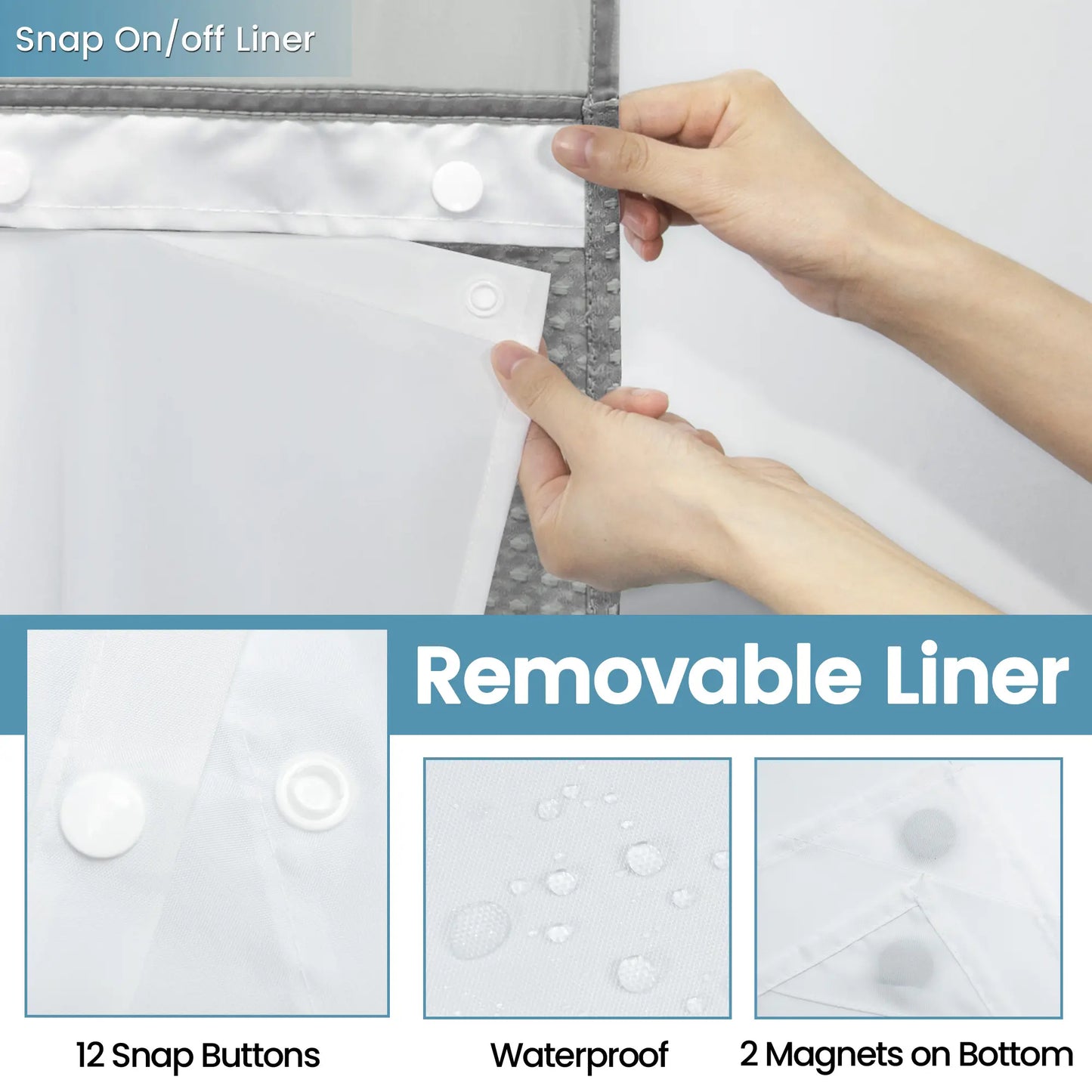 Hook-Free Shower Curtain with Snap-In Liner(Add Just $5 to Get an Adjustable Non-Slip Shower Rod)
