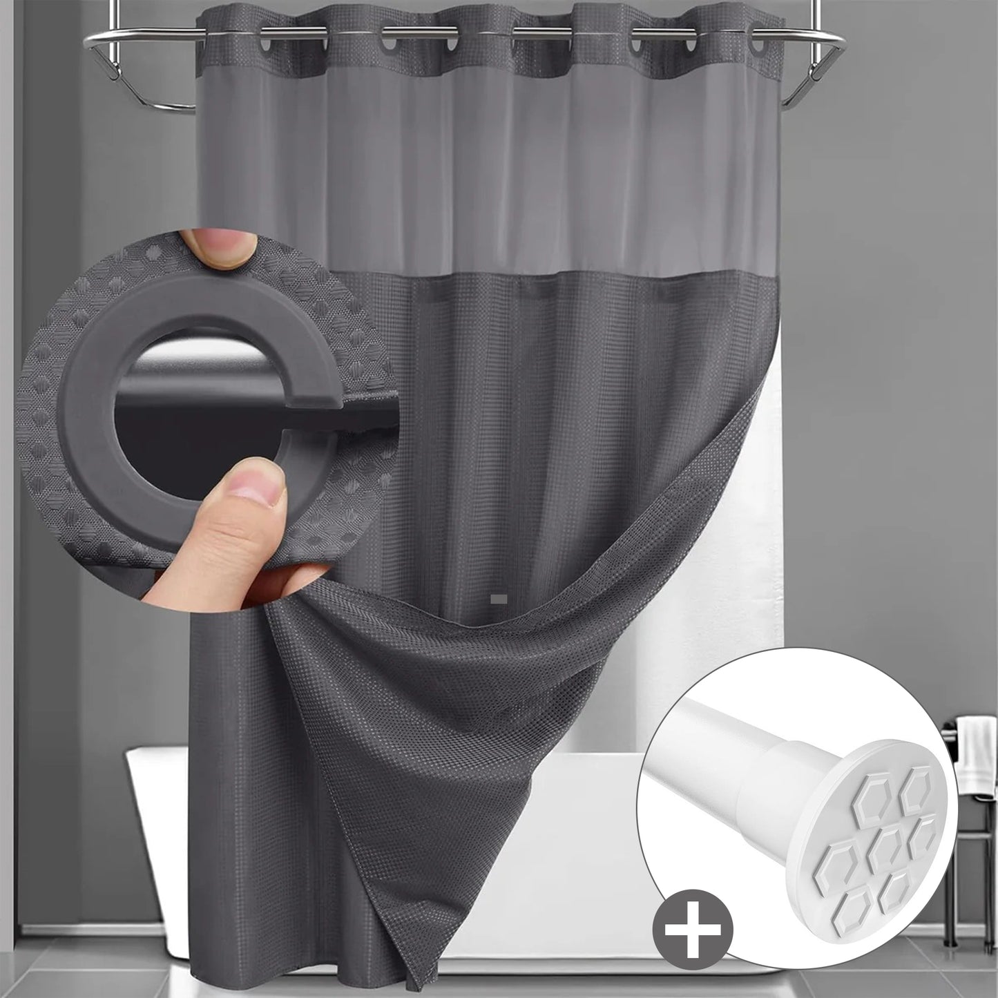 Hook-Free Shower Curtain with Snap-In Liner(Add Just $5 to Get an Adjustable Non-Slip Shower Rod)