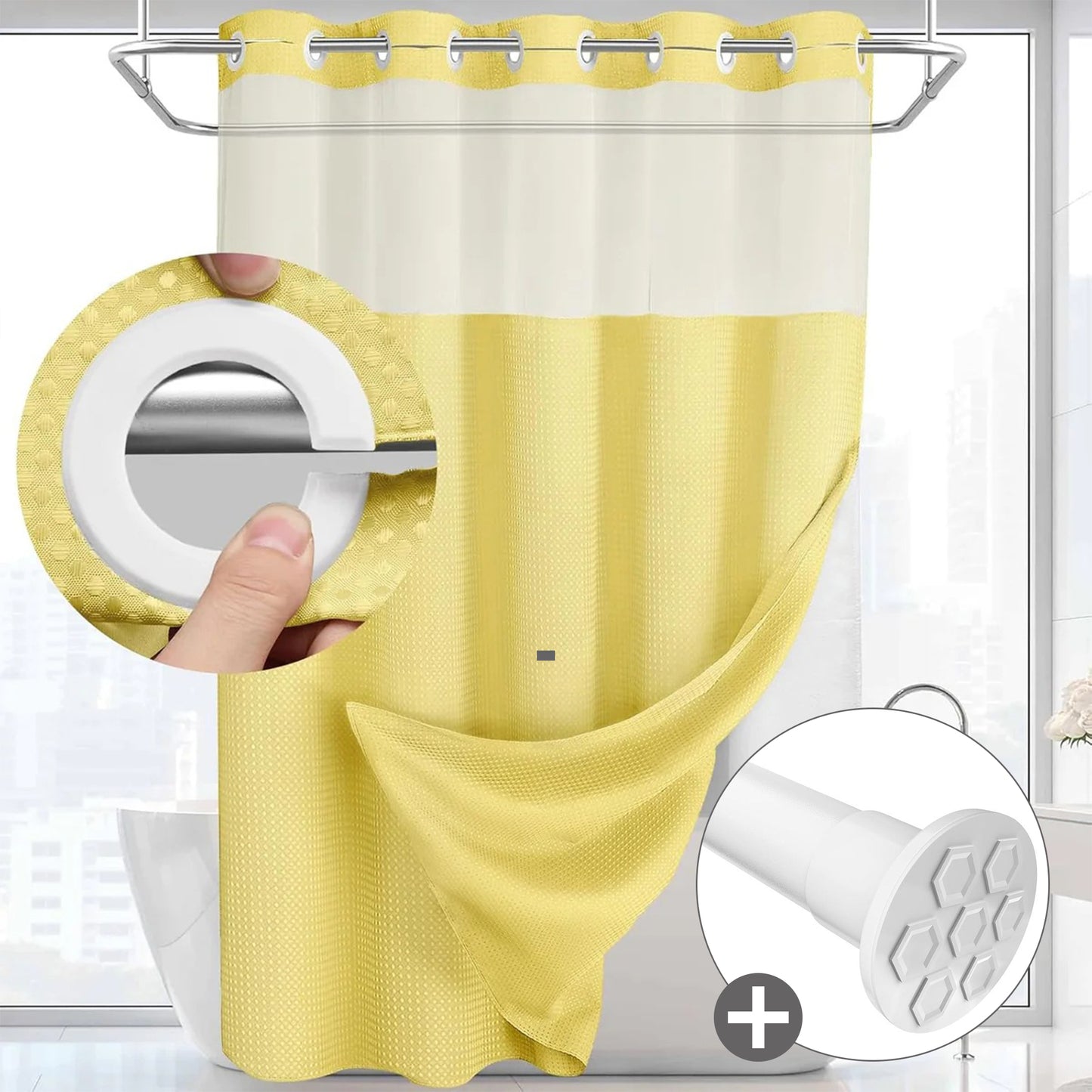 Hook-Free Shower Curtain with Snap-In Liner(Add Just $5 to Get an Adjustable Non-Slip Shower Rod)