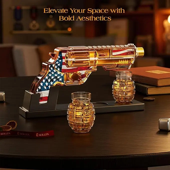 USA Flag Whiskey Decanter Set with Grenade Shot Bottles – Father's Day Gift for Men