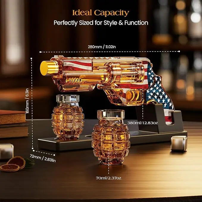 USA Flag Whiskey Decanter Set with Grenade Shot Bottles – Father's Day Gift for Men