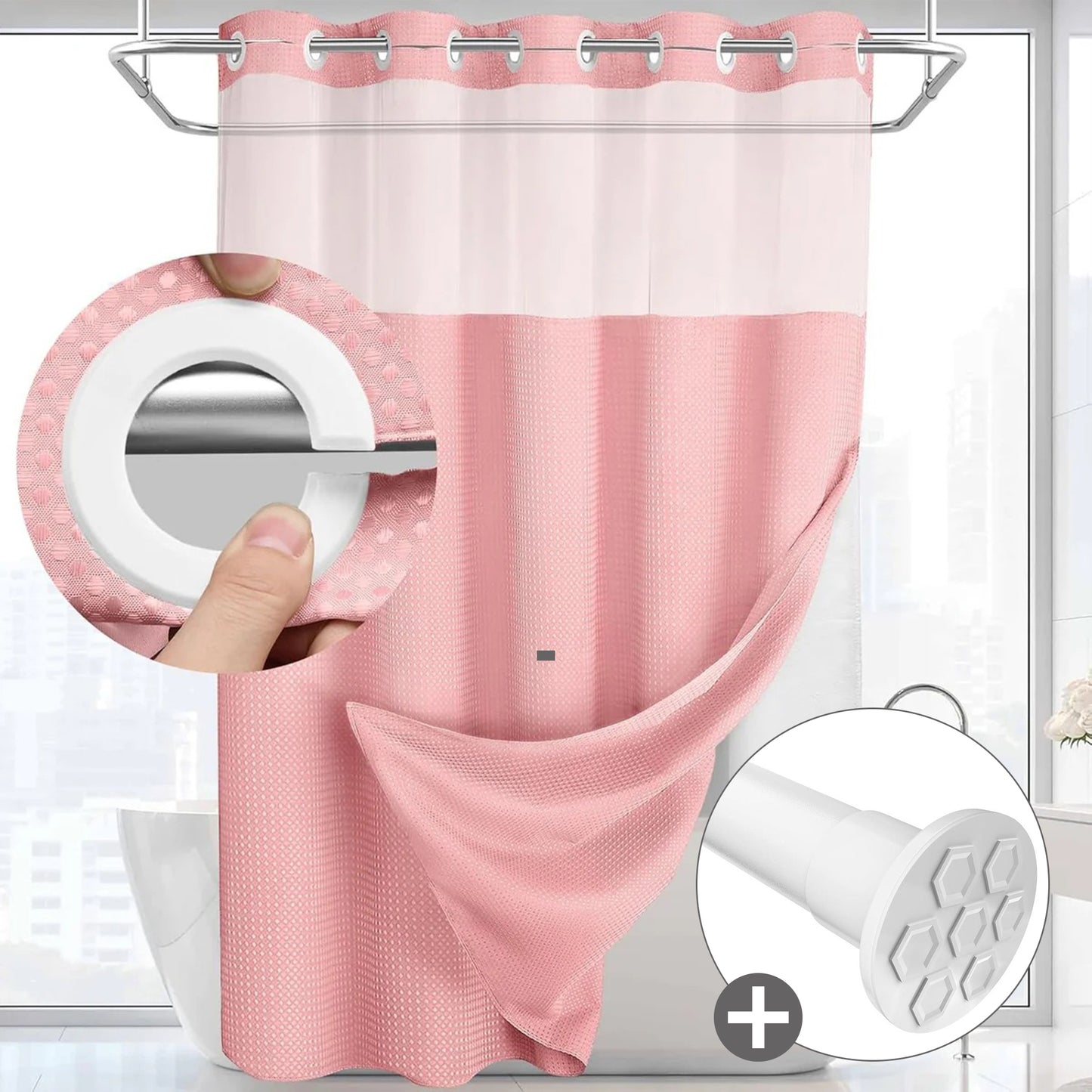 Hook-Free Shower Curtain with Snap-In Liner(Add Just $5 to Get an Adjustable Non-Slip Shower Rod)