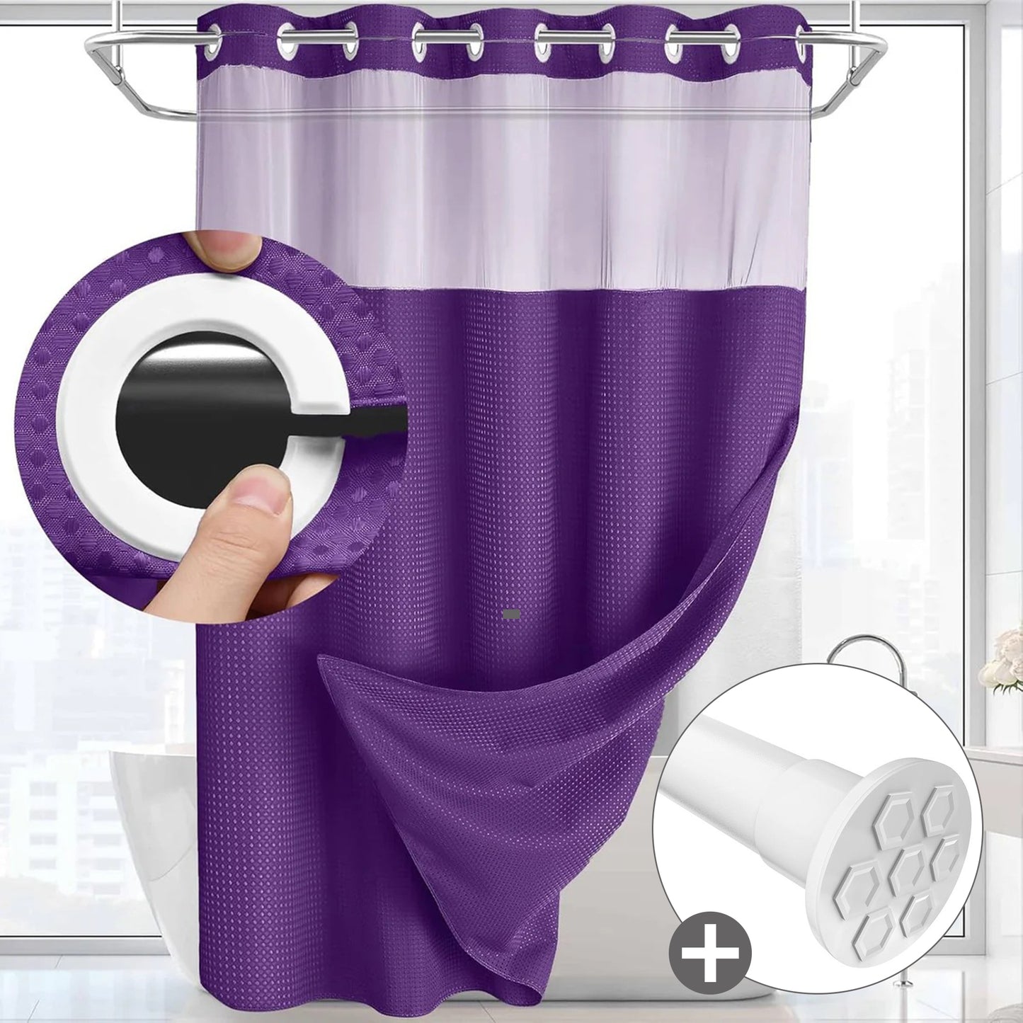 Hook-Free Shower Curtain with Snap-In Liner(Add Just $5 to Get an Adjustable Non-Slip Shower Rod)