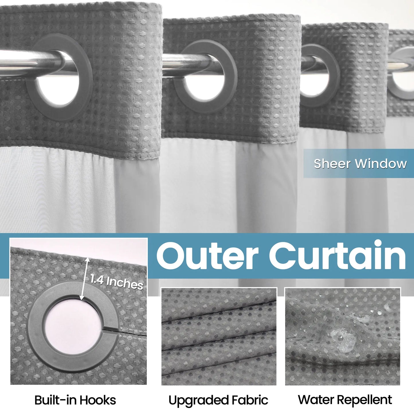 Hook-Free Shower Curtain with Snap-In Liner(Add Just $5 to Get an Adjustable Non-Slip Shower Rod)