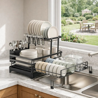 2-Tier Expandable Dish Drying Rack with Pull-Out Drainboard