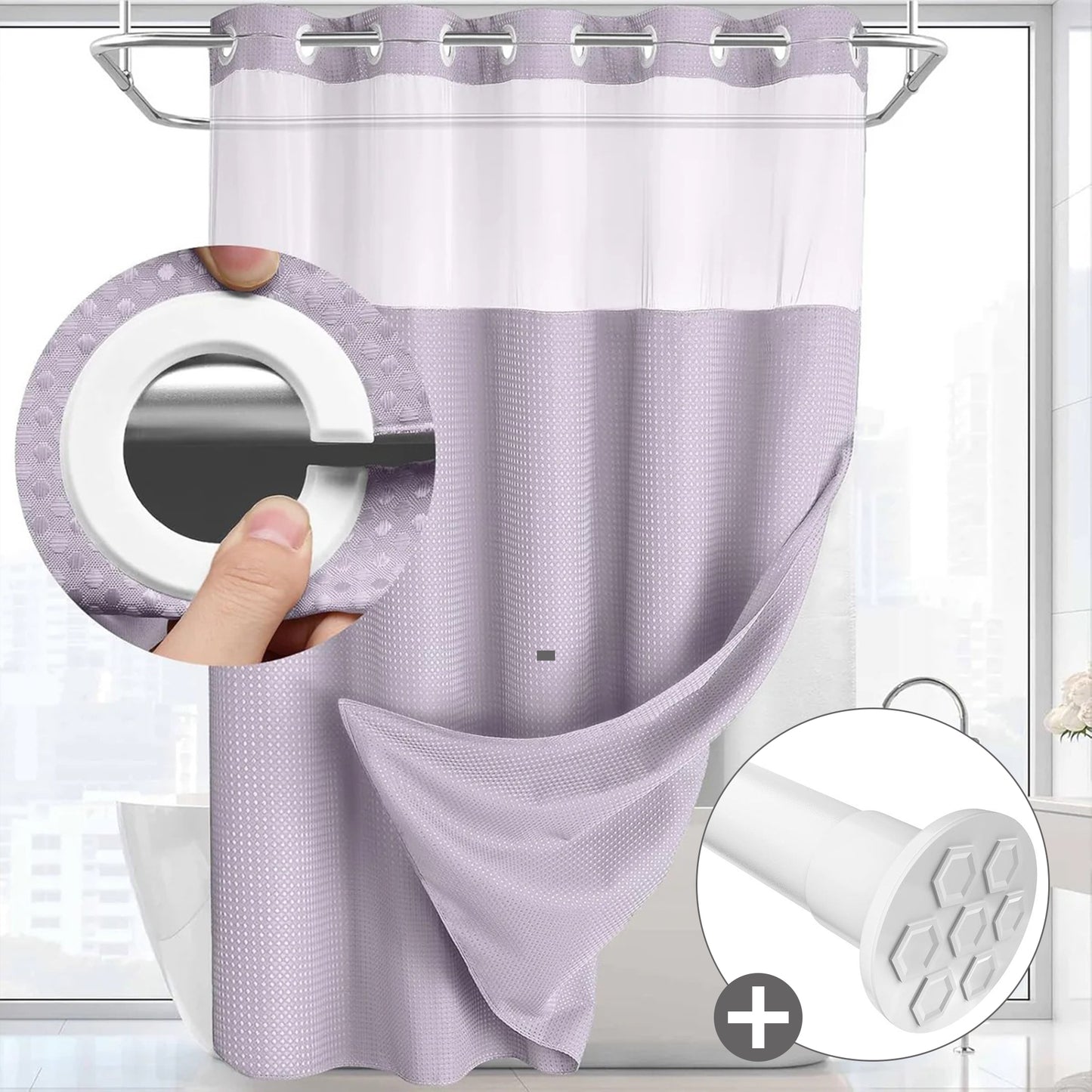 Hook-Free Shower Curtain with Snap-In Liner(Add Just $5 to Get an Adjustable Non-Slip Shower Rod)