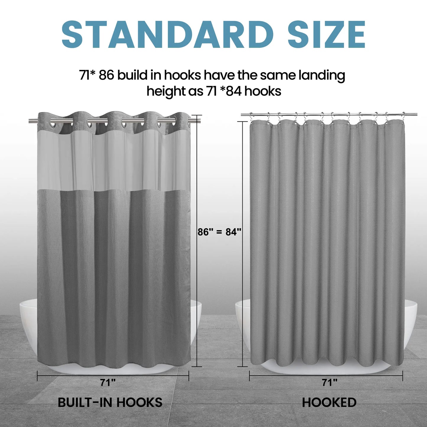 Hook-Free Shower Curtain with Snap-In Liner(Add Just $5 to Get an Adjustable Non-Slip Shower Rod)