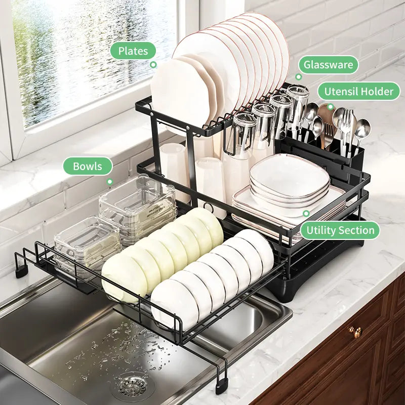 2-Tier Expandable Dish Drying Rack with Pull-Out Drainboard