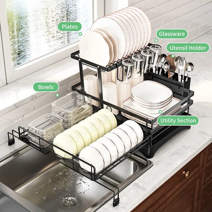 2-Tier Expandable Dish Drying Rack with Pull-Out Drainboard