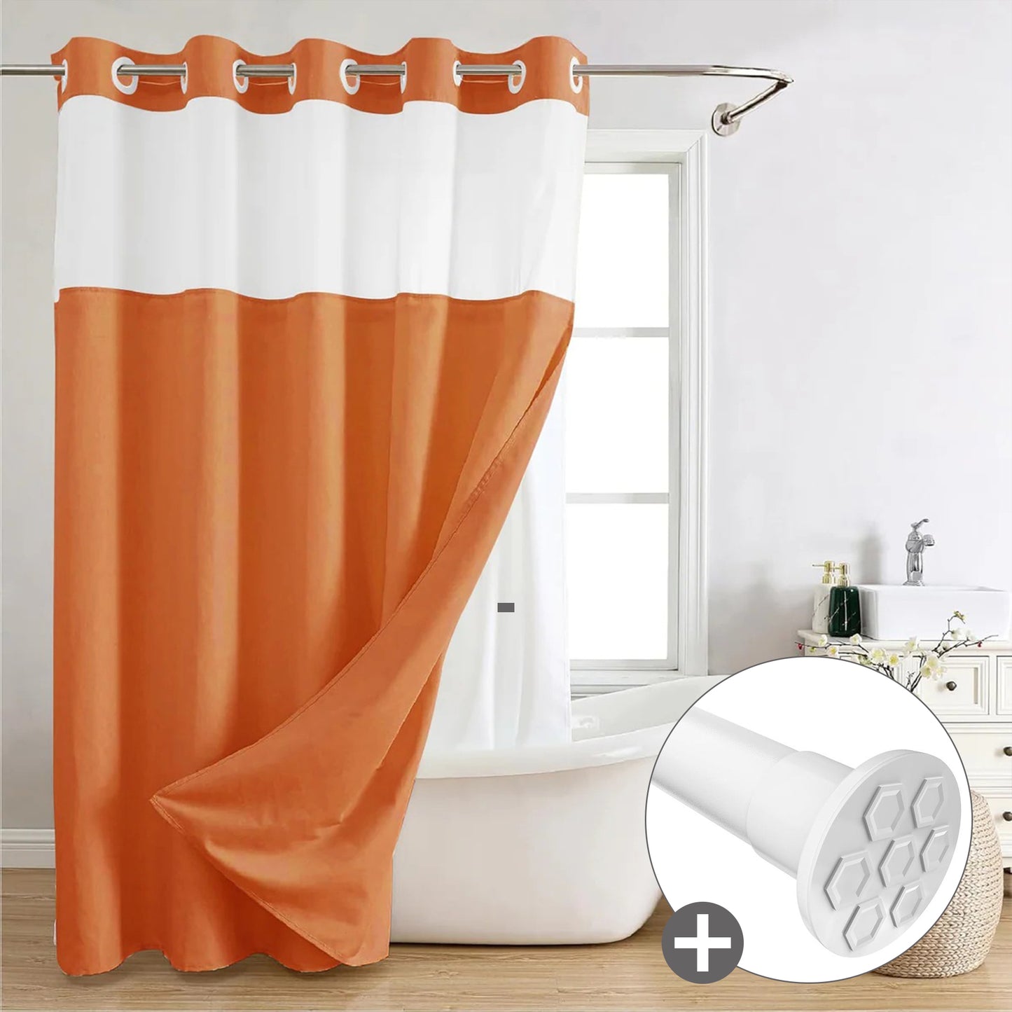 Hook-Free Shower Curtain with Snap-In Liner(Add Just $5 to Get an Adjustable Non-Slip Shower Rod)