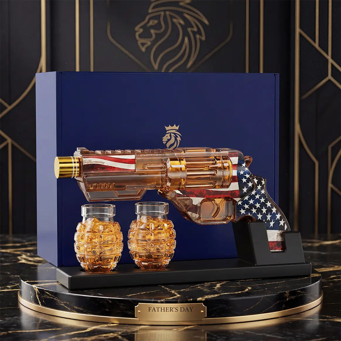 USA Flag Whiskey Decanter Set with Grenade Shot Bottles – Father's Day Gift for Men