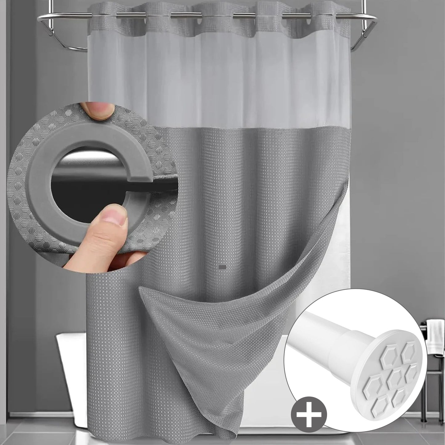 Hook-Free Shower Curtain with Snap-In Liner(Add Just $5 to Get an Adjustable Non-Slip Shower Rod)