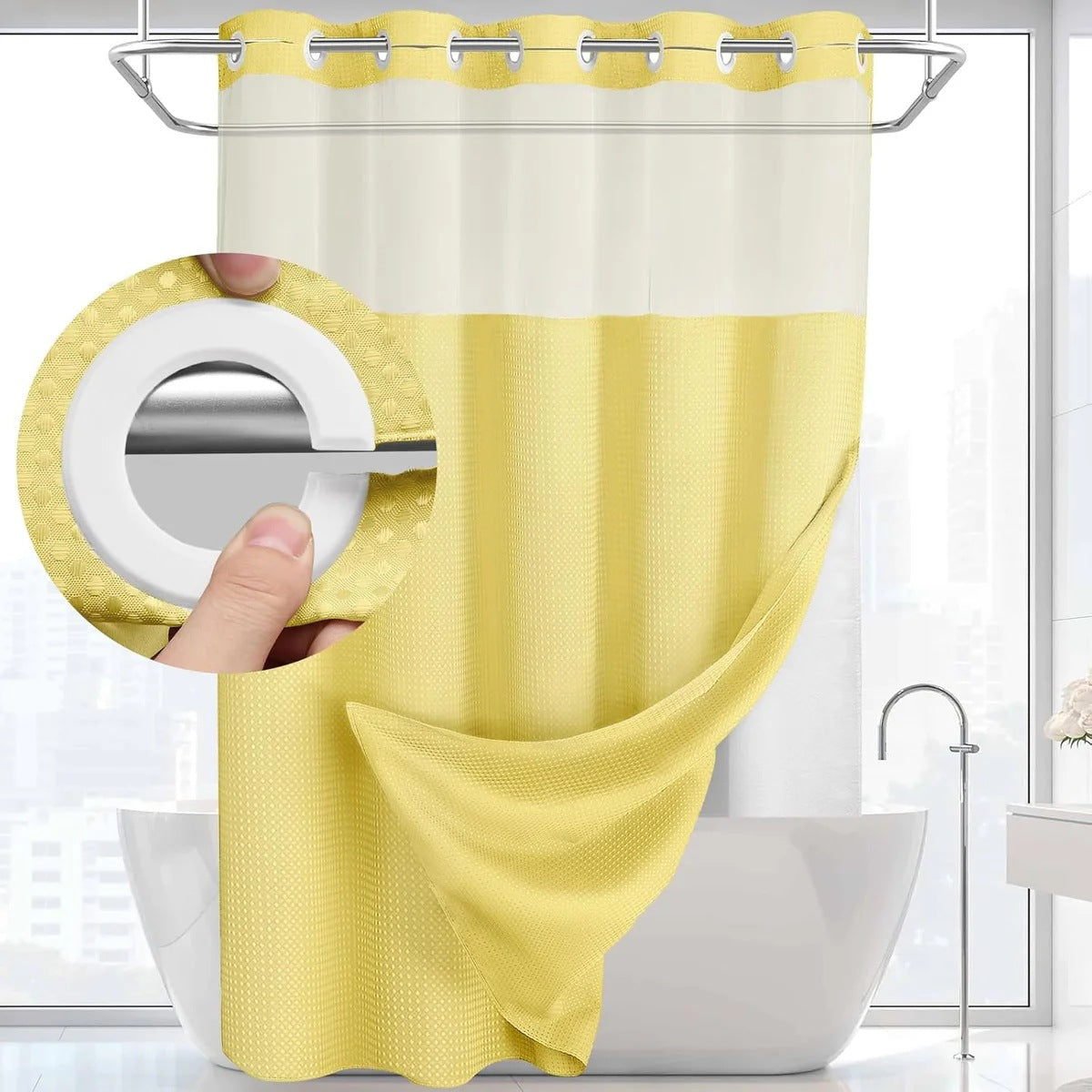 Hook-Free Shower Curtain with Snap-In Liner(Add Just $5 to Get an Adjustable Non-Slip Shower Rod)