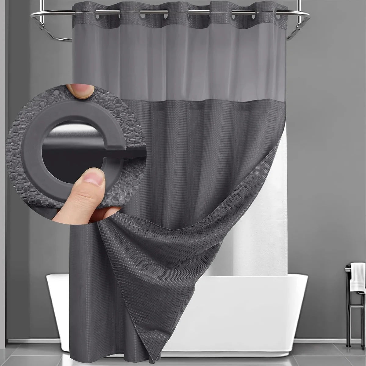 Hook-Free Shower Curtain with Snap-In Liner(Add Just $5 to Get an Adjustable Non-Slip Shower Rod)