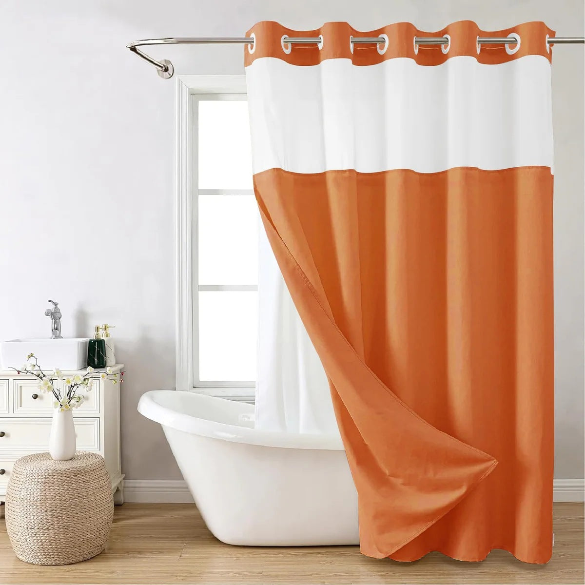 Hook-Free Shower Curtain with Snap-In Liner(Add Just $5 to Get an Adjustable Non-Slip Shower Rod)