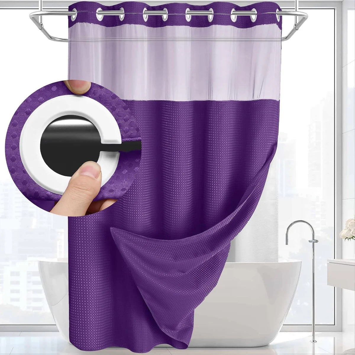 Hook-Free Shower Curtain with Snap-In Liner(Add Just $5 to Get an Adjustable Non-Slip Shower Rod)