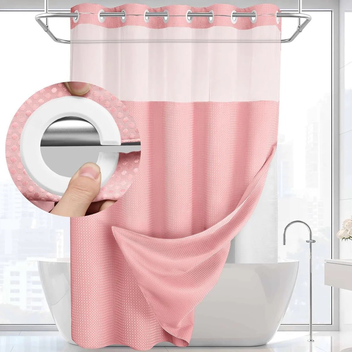 Hook-Free Shower Curtain with Snap-In Liner(Add Just $5 to Get an Adjustable Non-Slip Shower Rod)
