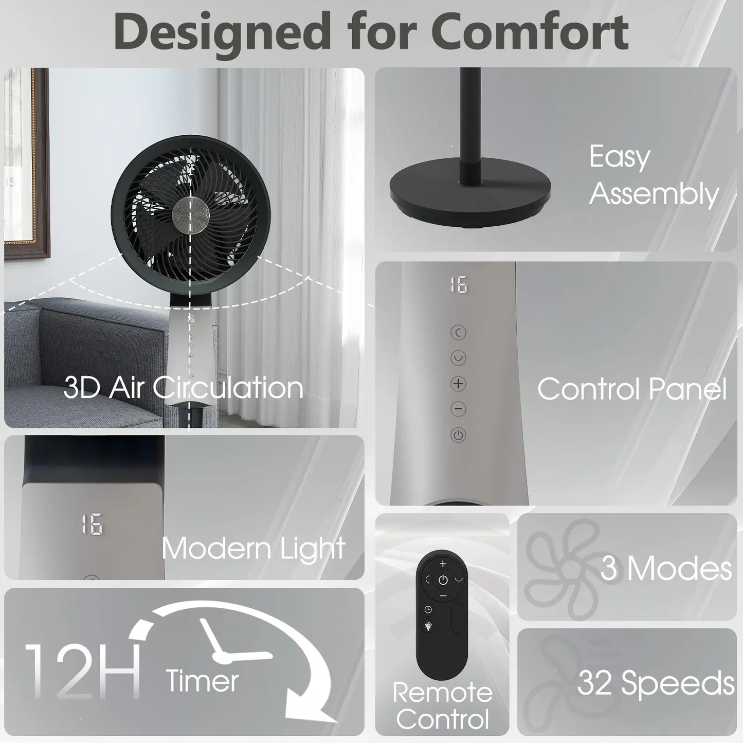 Smart Oscillating Fan — 120° Wide Cooling, 12 Speeds, Ultra-Quiet & Smart Air Circulation