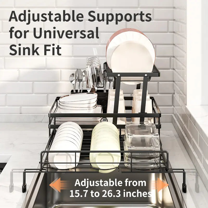 2-Tier Expandable Dish Drying Rack with Pull-Out Drainboard