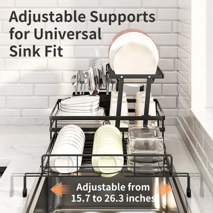 2-Tier Expandable Dish Drying Rack with Pull-Out Drainboard