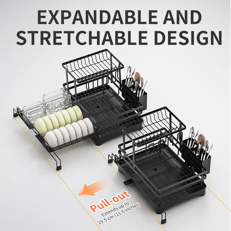 2-Tier Expandable Dish Drying Rack with Pull-Out Drainboard