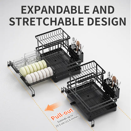 2-Tier Expandable Dish Drying Rack with Pull-Out Drainboard