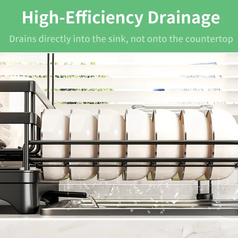 2-Tier Expandable Dish Drying Rack with Pull-Out Drainboard