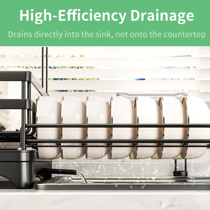 2-Tier Expandable Dish Drying Rack with Pull-Out Drainboard