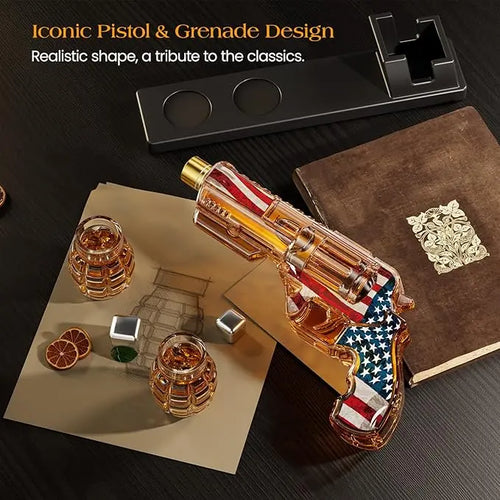 USA Flag Whiskey Decanter Set with Grenade Shot Bottles – Father's Day Gift for Men