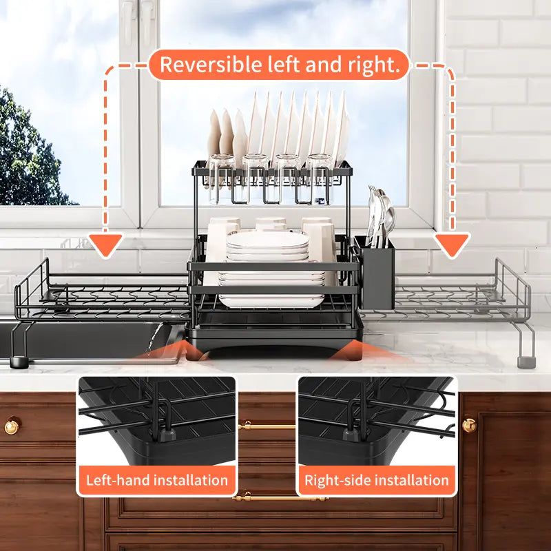 2-Tier Expandable Dish Drying Rack with Pull-Out Drainboard