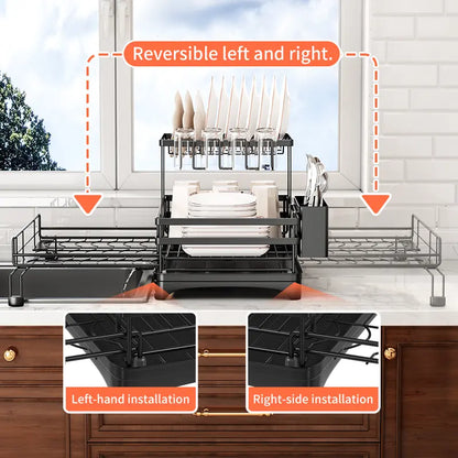 2-Tier Expandable Dish Drying Rack with Pull-Out Drainboard