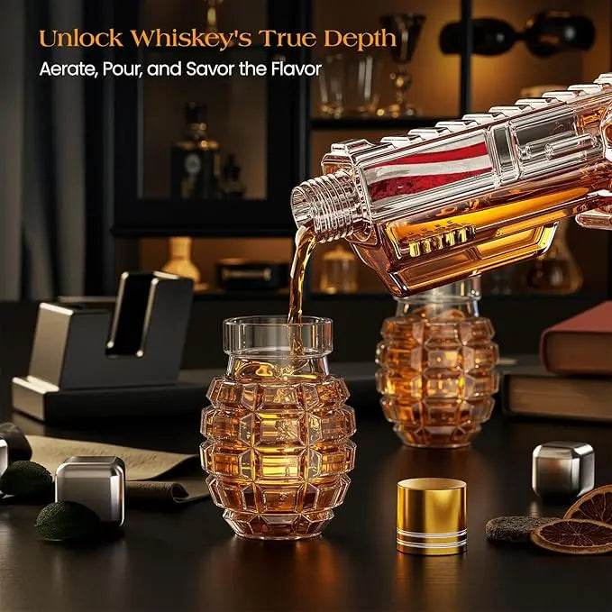 USA Flag Whiskey Decanter Set with Grenade Shot Bottles – Father's Day Gift for Men