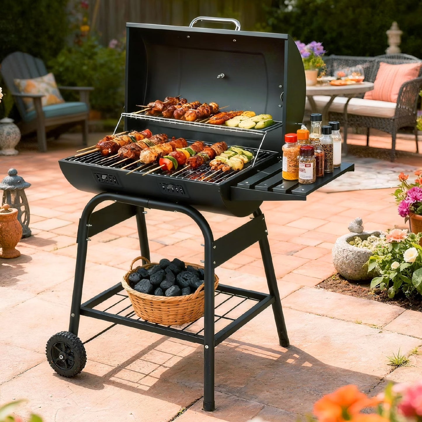 [Summervibes] Portable Charcoal BBQ Grill with Side Shelf, Thermometer & Wheels