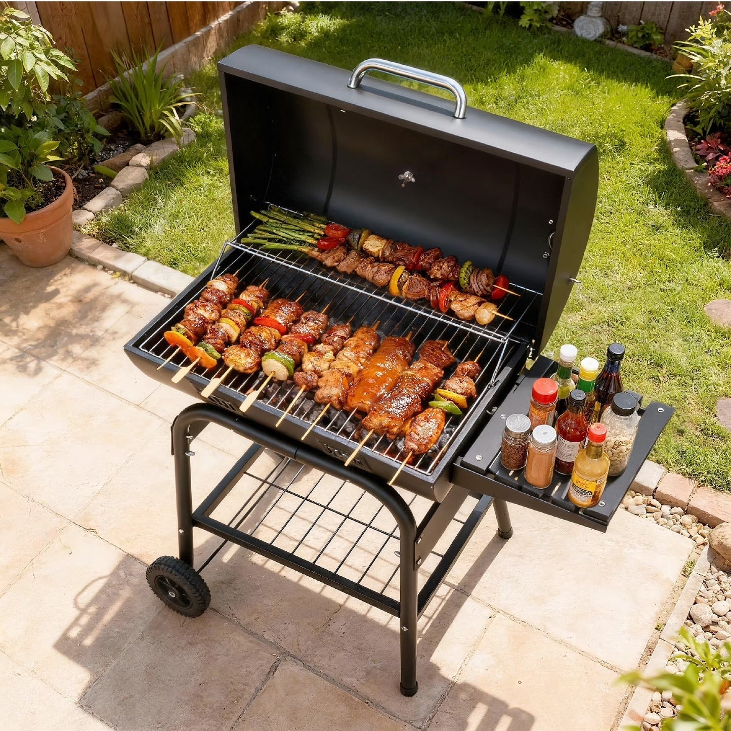 [Summervibes] Portable Charcoal BBQ Grill with Side Shelf, Thermometer & Wheels